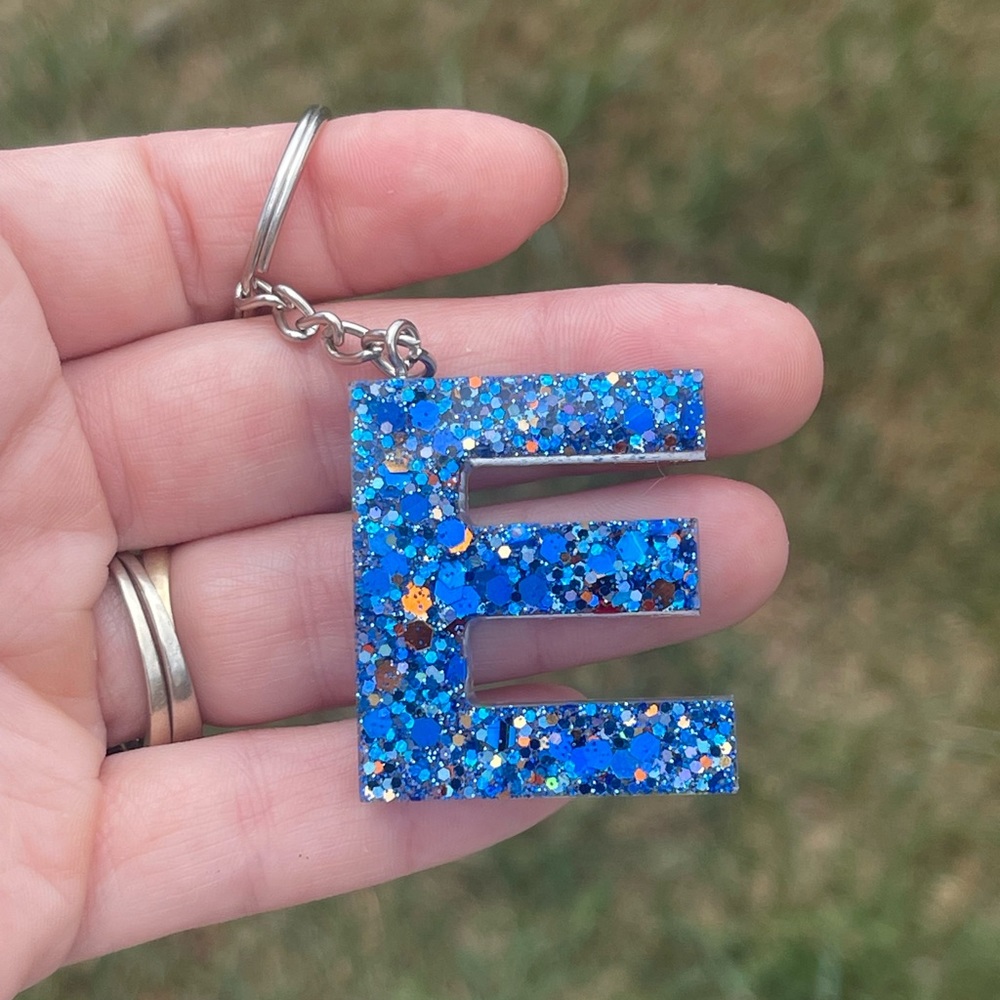 Blue Glitter Letter E Initial Keychain Handmade With Resin